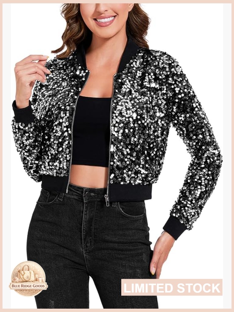 Sparkly Sequin Cropped Bomber Jacket Long Sleeve Zipper Party Club Chic